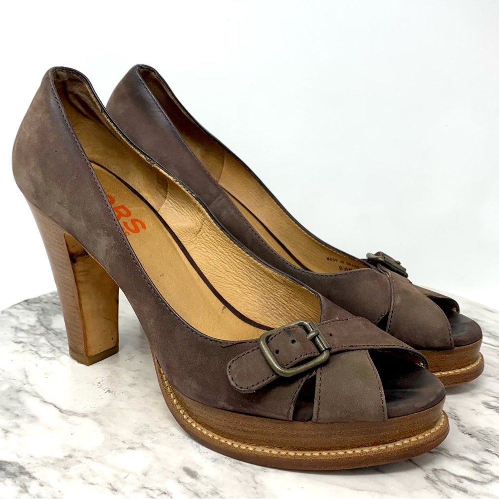 Kors Michael Kors Buckle Detail Peep Toe Brown Nubuck Platform Pumps 8.5 Retro